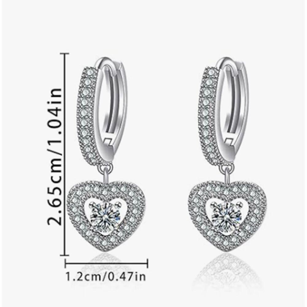 Sterling Silver CZ Heart Dangle Hoop Earrings - Picture 3 of 6